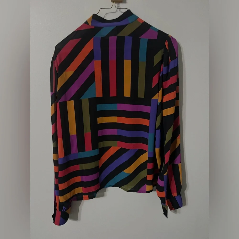 Vintage 80s Mary West French Multicolor Striped Women's Button Down Silky Blouse - Picture 2 of 7